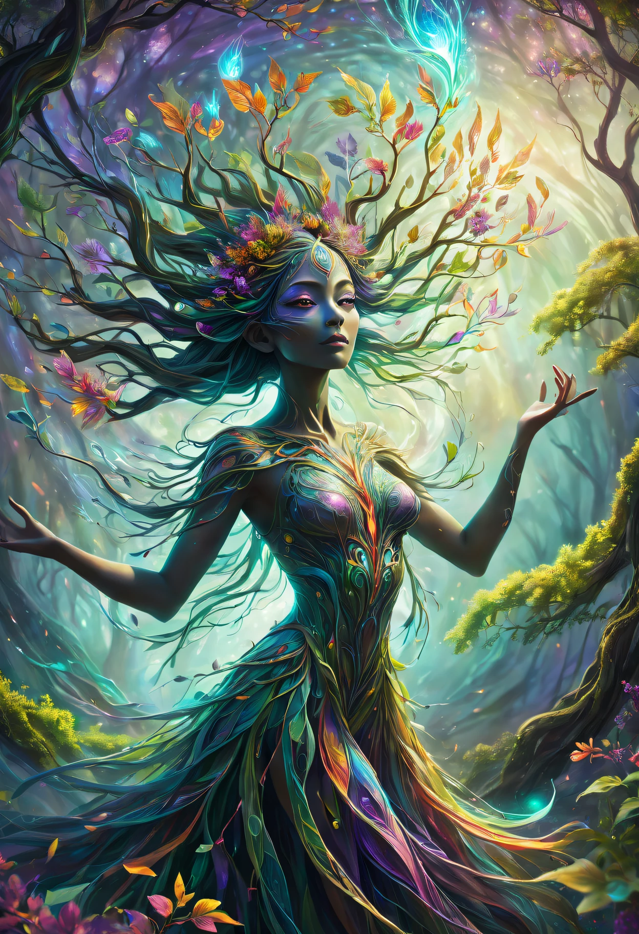 A high resolution, Psychedelic style tree woman, vivd colour, glowing light eyes, flowing branches, Ethereal atmosphere, surreal scenery, Complicated details, Leaves and flowers dance in the wind, magical aura, wisps of light and color around the tree man, dreamlike landscapes, Mysterious and fascinating existence, otherworldly beauty, A calm and peaceful expression, art inspired by nature, Surrealist elements, mythological and fantasy imagery.