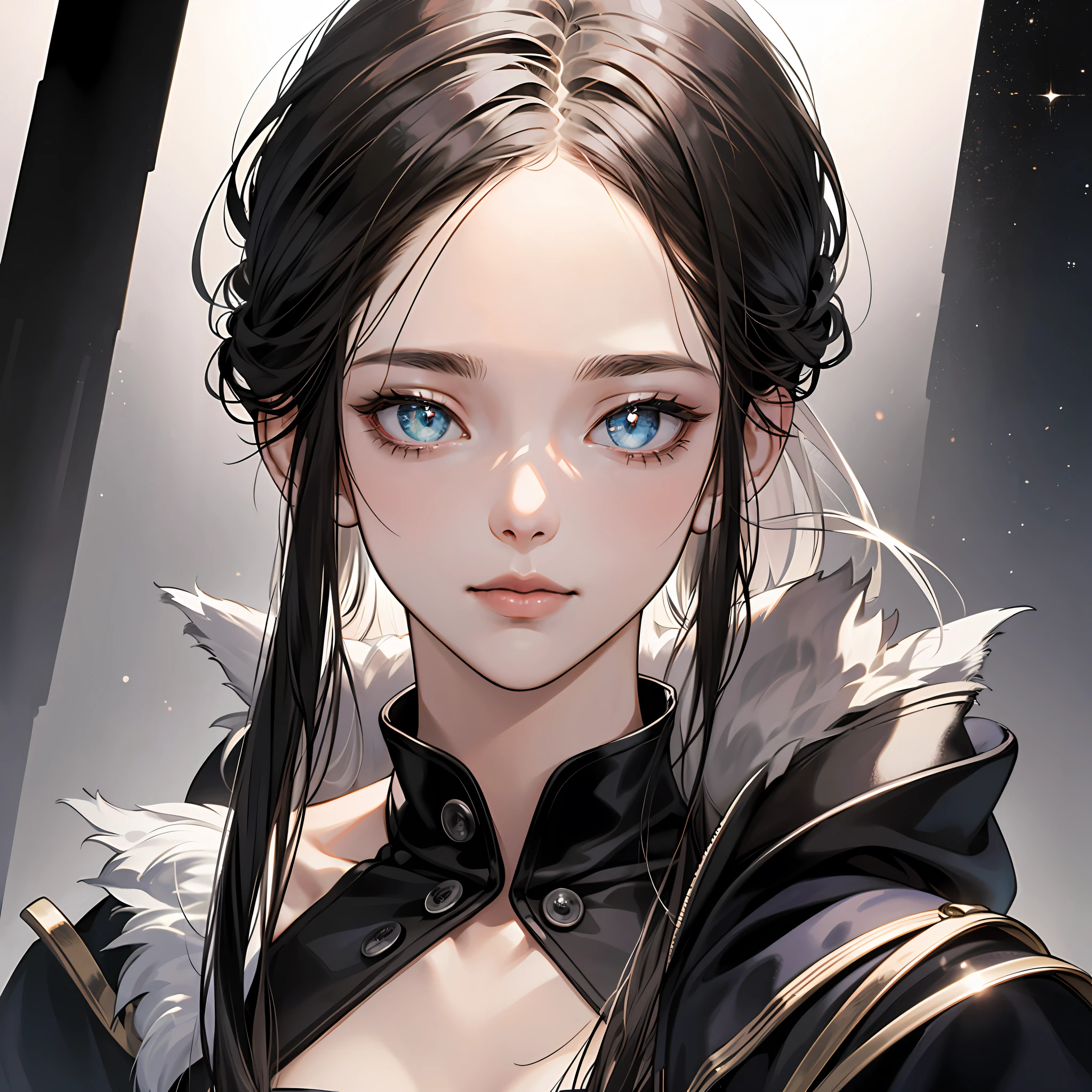 ((Masterpiece, Superb, Super Detailed, High Resolution)), solo, beautiful girl, sparkling eyes, perfect eyes, , black and white gold theme, --auto