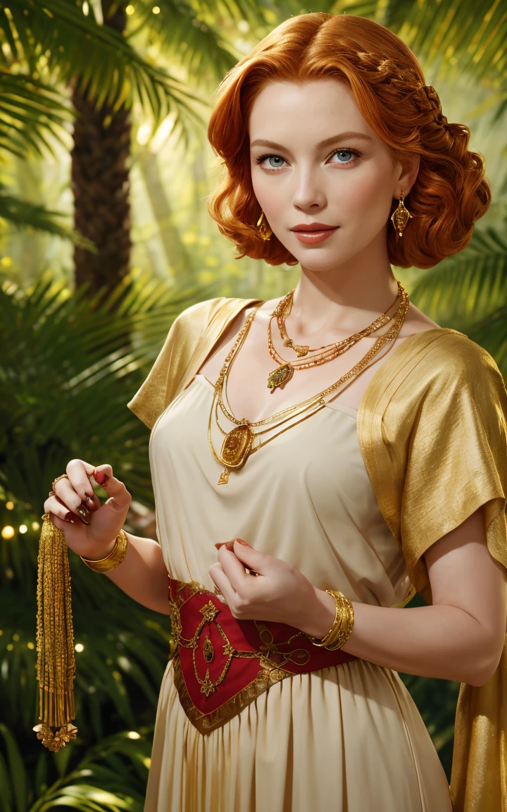 (Grace Kelly:Marilyn Monroe:0.5), A 35-year-old woman with ginger hair, green eyes, one large braid, a gold necklace with a ruby pendant, dressed in a white Greek tunic and Roman sandals, with gold bracelets on her arms, forest in the background, masterpiece, hyperdetailed, cinematic lighting