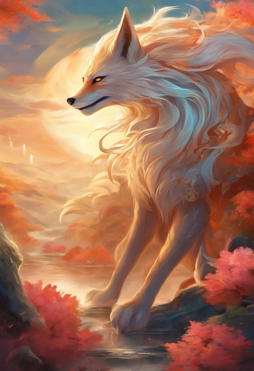 mythological creatures，（（The nine-tailed fox in Chinese mythology）），Traditional Chinese elements，Ancient murals，Illustrative myths，Fuyao Legend，Dappled light，Hazy haze，Mystic aura，tmasterpiece，k hd，plethora of colors，detailed detail，Seven colors，Nine-tailed Sky Fox，Mysterious and beautiful