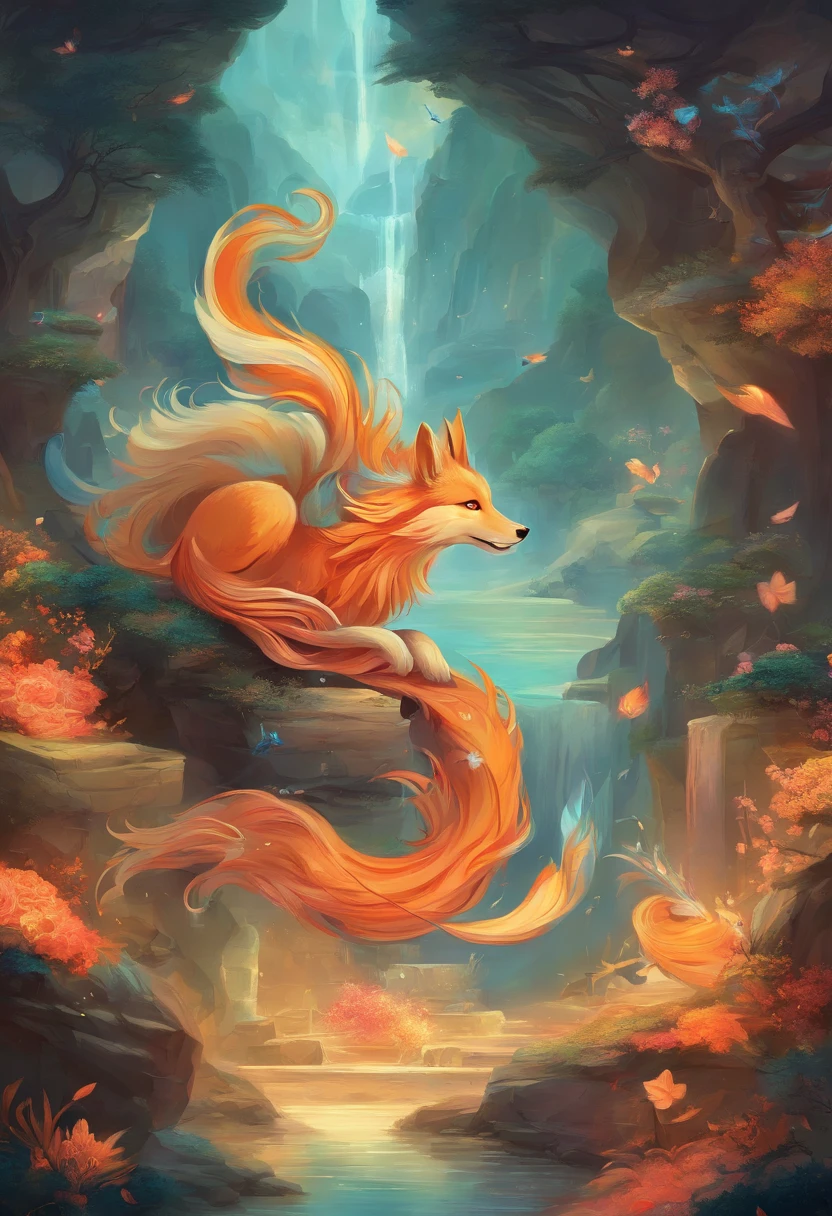 mythological creatures，（（The nine-tailed fox in Chinese mythology）），Traditional Chinese elements，Ancient murals，Illustrative myths，Fuyao Legend，Dappled light，Hazy haze，Mystic aura，tmasterpiece，k hd，plethora of colors，detailed detail，Seven colors，Nine-tailed Sky Fox，Mysterious and beautiful