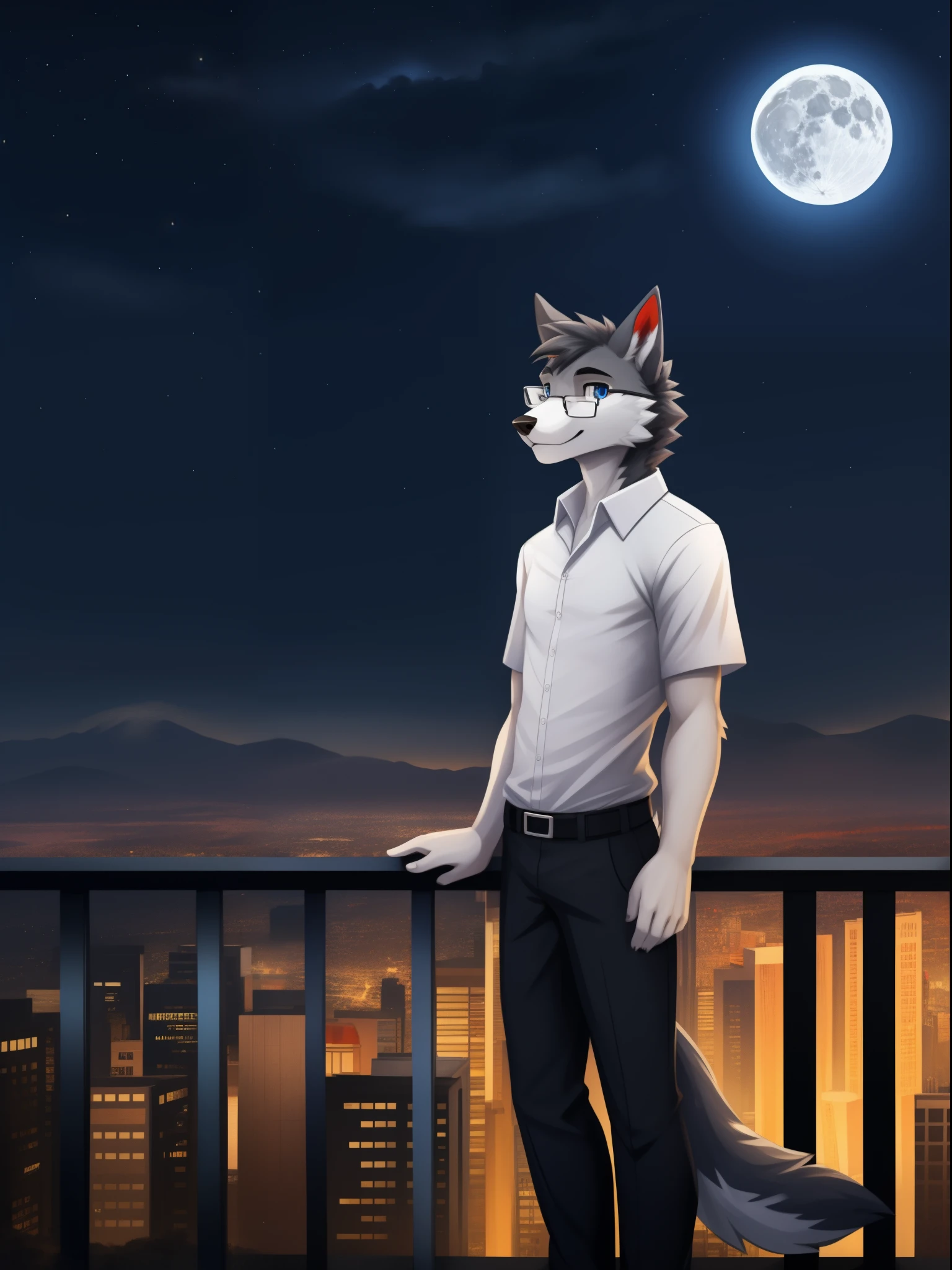 Professional technology, solo, wolf, boy, age 20, tall, dark gray fur, short hair, (white ear roots:1.1), (red ear tips:1.1), deep blue eyes, furry wolf tail, white tail tips, white arms, white legs, white shirt with short sleeves, black trousers, standing, night, dark sky, on a large balcony, distant mountains, modern city, streetlights, dark sky, full moon, close up, full body, the left side, glasses, doodle