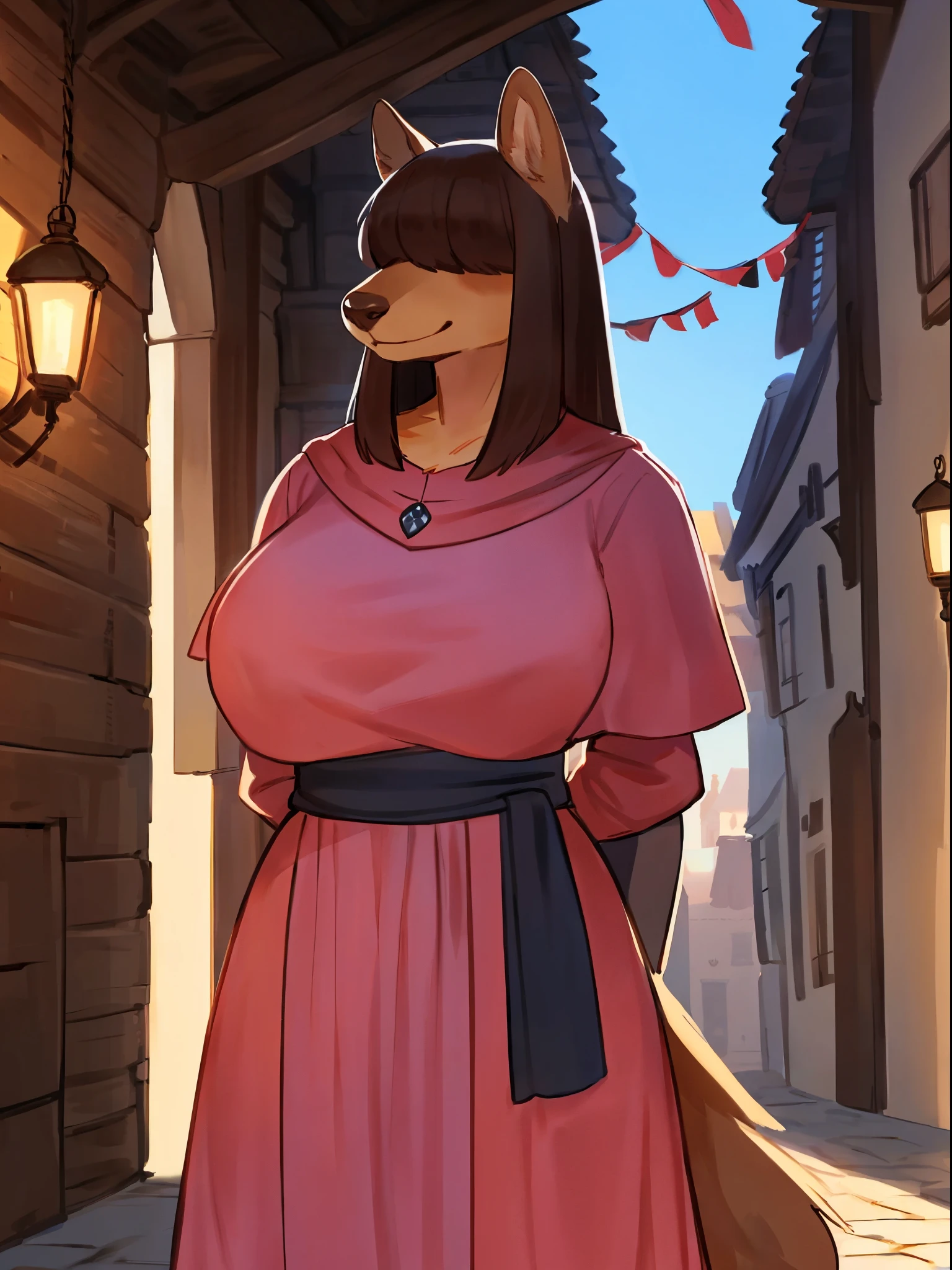 By bebebebebe, by lostgoose, by goonie-san, solo, female, canine, ((snout, hair covering eyes, straight hair, medium hair, flat hair, thin snout, brown fur)), dark maroon hair, big breasts, (muscular), standing, coy pose, hands behind back, looking at viewer, smiling, fantasy village, tunic, pink cloak, medieval outfit, standing in a cozy medieval town square, well lit, daytime, good lighting