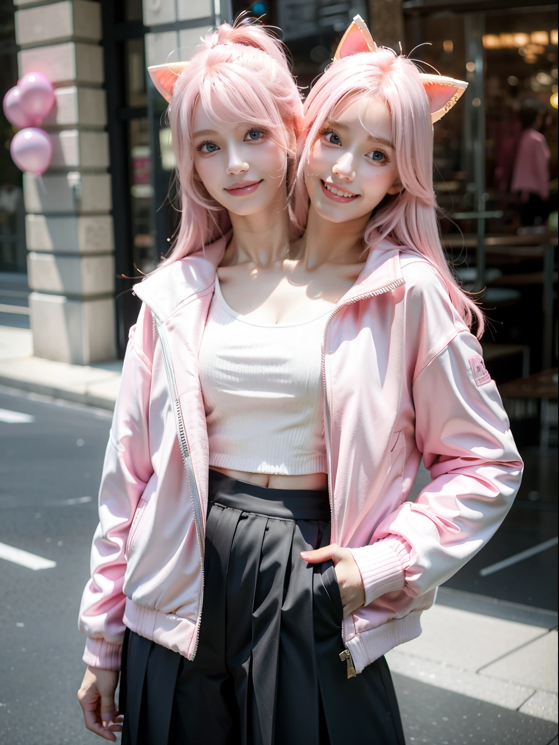 (masterpiece, best quality), best resolution, (2heads:1.5), 1girl, catgirl, blond hair, cat ears, pink eyes, smiling, giggling, friendly, inviting, hitorigotou, hitori gotou, blue eyes, cube hair ornament, hair between eyes, hair ornament, pink hair, one side up, long hair, BREAK black skirt, jacket, long sleeves, pants, pants under skirt, (pink jacket:1.5), pink pants, pleated skirt, skirt, track jacket, track pants, track suit, BREAK looking at viewer
