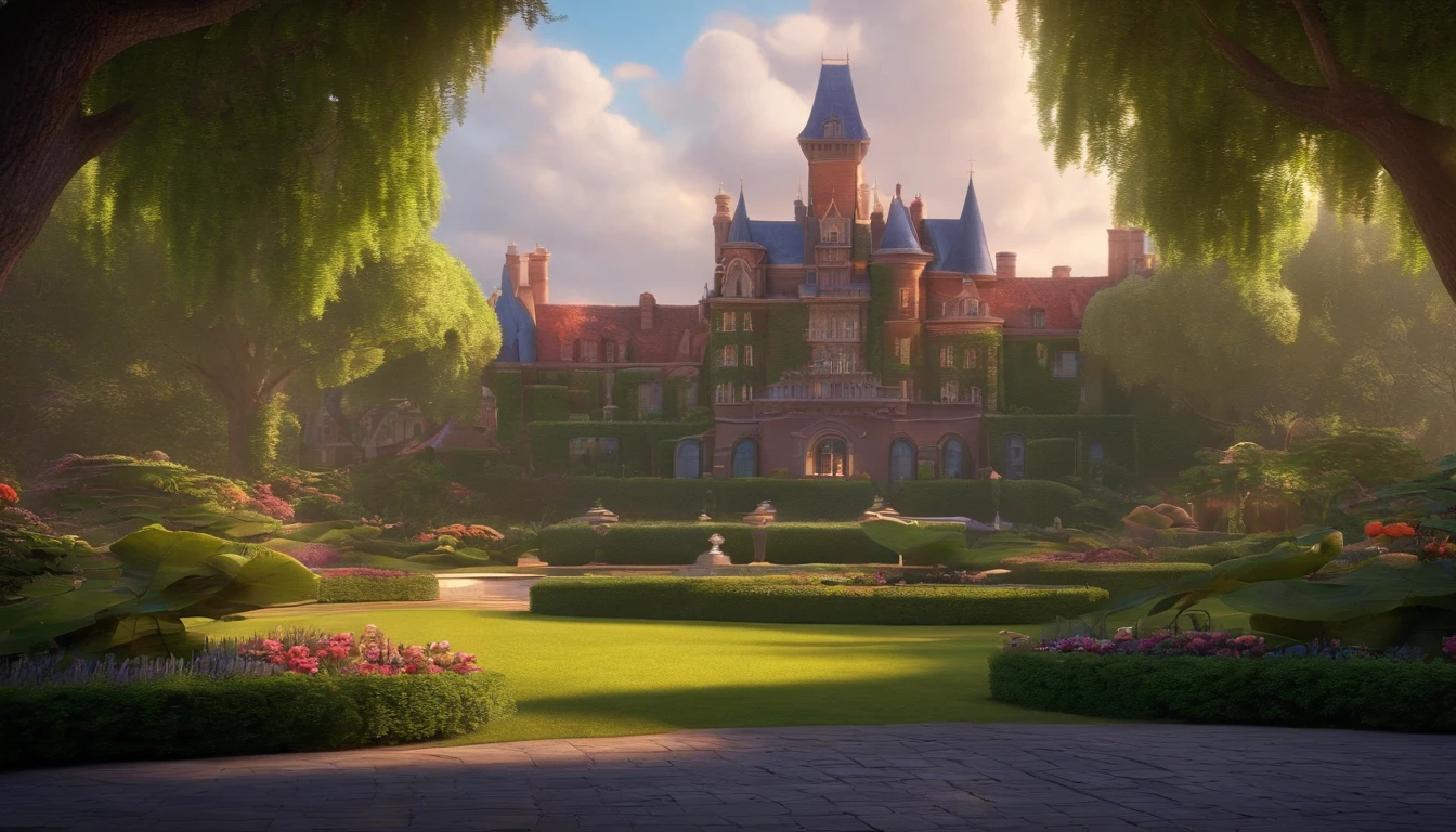 Pixar, a big huge massion buildings almost like Disney in a very beautiful garden, a man stand beside, a very beautiful background,
