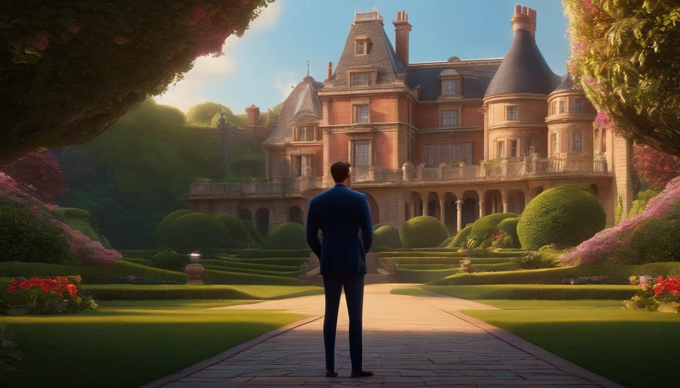 Pixar, a big huge mansion buildings almost like Disney in a very beautiful garden, a man stand beside, a very beautiful background,
