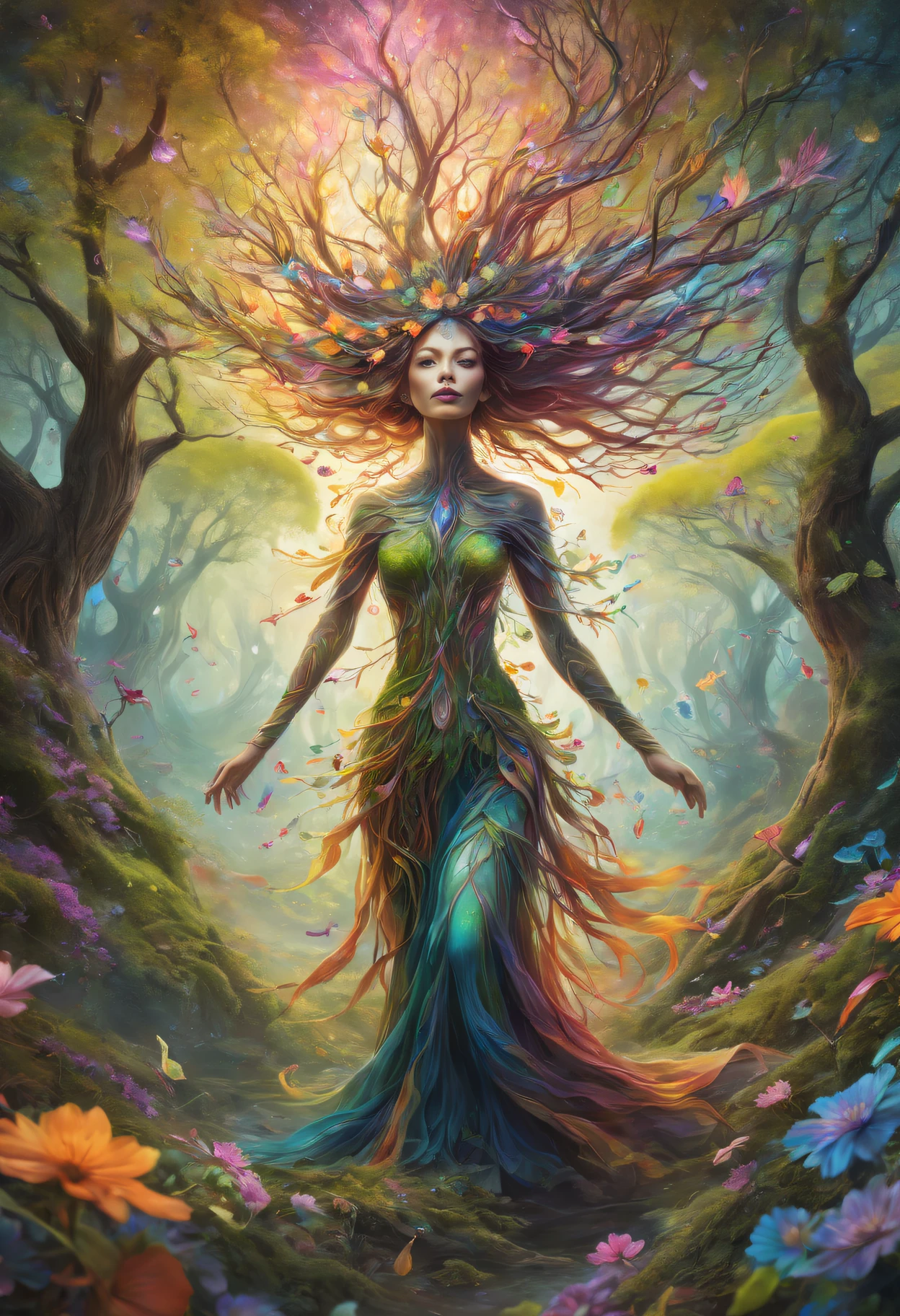 A high resolution, Psychedelic style tree woman, vivd colour, glowing light eyes, flowing branches, Ethereal atmosphere, surreal scenery, Complicated details, Leaves and flowers dance in the wind, magical aura, wisps of light and color around the tree man, dreamlike landscapes, Mysterious and fascinating existence, otherworldly beauty, A calm and peaceful expression, art inspired by nature, Surrealist elements, mythological and fantasy imagery.