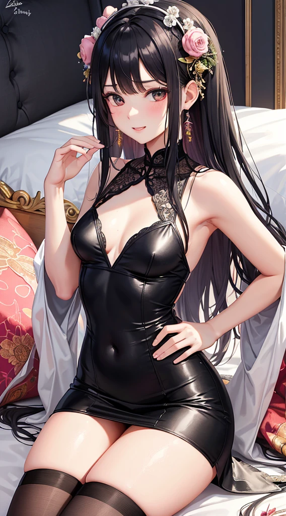 1 Girl. Attractive slim body, sexy body, nice bare legs, bare tights, bare arms, bare shoulders, nice curve. Small Breast,
Beautiful, Gorgeous, r, Fresh, Young. Smile, Pink Blush on Face, Sexy Eyes, Sexy Look, Innocent Look. Blunt Bangs, Long Hair, Pony Tail. Black Hair, Tight Japanese Dress. Sitting. Hand on Hip.
Looking to You, Waiting, Want Something, Secretive.
Flowers hair piece, Earrings, Silk cloth. Abstract, Oriental-style. Night, Moonlight. Silk bed, Silk veil, Silk Curtain, Mattress, Flower Mattress, Silk Mattress, Soft bed, Silk Ornament, Flower Ornament, Feathers. Steamy, Comfort. Artistic Style and Quality: - (Masterpiece, top quality, best quality, official art, beautiful, and aesthetic:1.2 - Fractal art:1.1, Colorful:1.1, Highest detailed:1.2, (Zentangle:1.2) - Crisp details, Sharp lines, Rich textures, Fine craftsmanship:1.3 - High resolution, Meticulous rendering:1.2)