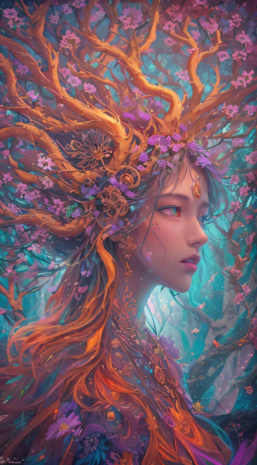 A high resolution, Psychedelic style tree woman, vivd colour, glowing light eyes, flowing branches, Ethereal atmosphere, surreal scenery, Complicated details, Leaves and flowers dance in the wind, magical aura, wisps of light and color around the tree man, dreamlike landscapes, Mysterious and fascinating existence, otherworldly beauty, A calm and peaceful expression, art inspired by nature, Surrealist elements, mythological and fantasy imagery.