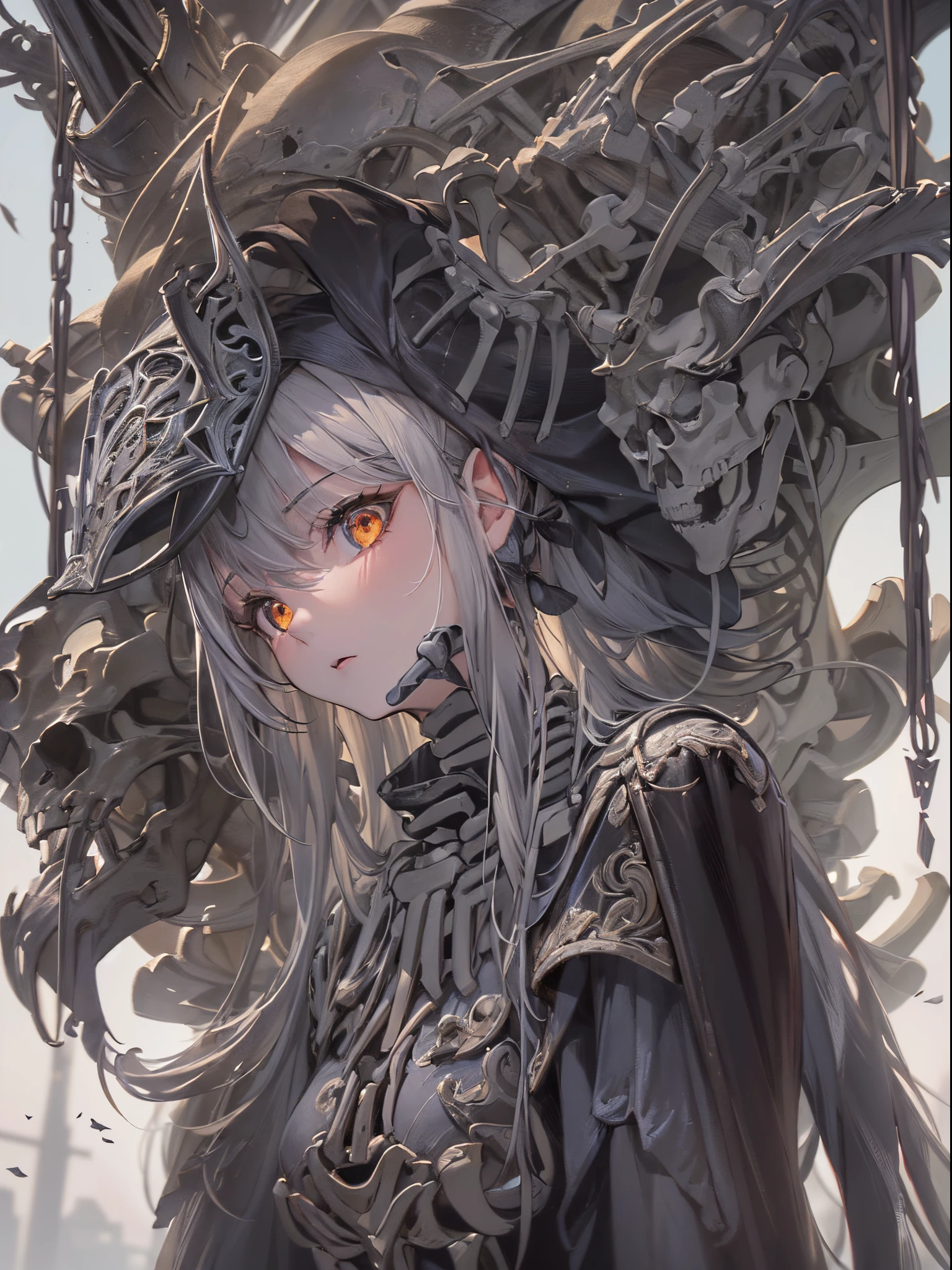 ((Finest quality)),(超A high resolution),(ultra-detailliert),(Meticulous portrayal),((Best Anime)),(Finest works of art),(Ultra-Precision Art),(The art of astounding depiction,Overwhelming depiction:1.5),(intricate and detailed art:1.6), (adult woman:1.5),((Dark Hero:1.5)),(Hanging:1.6),Staring at this:1.4,sneering:1.5,(Armor shaped like a skeleton:1.4)
