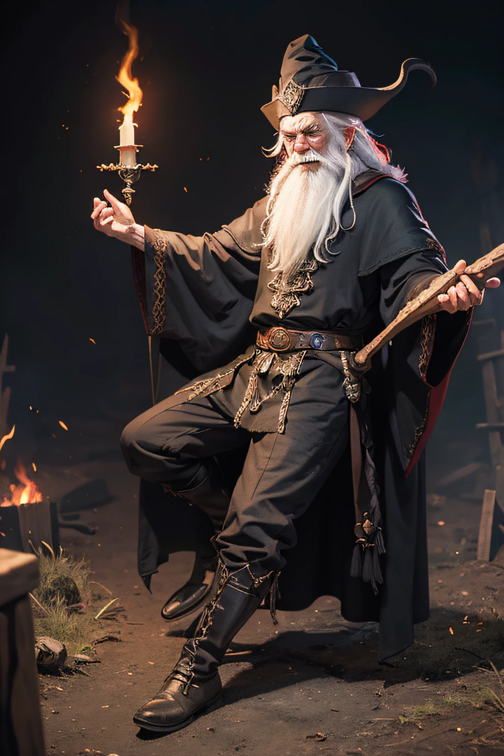 Masterpiece, ultrarealistic, a photo of Evil sorcerer, old man, wear wizard hat, evil pose, evil laugh, big red eyes, Skinny, very thin, white hair, posing, fullbody, villager, medieval theme, solo focus, dark castle background