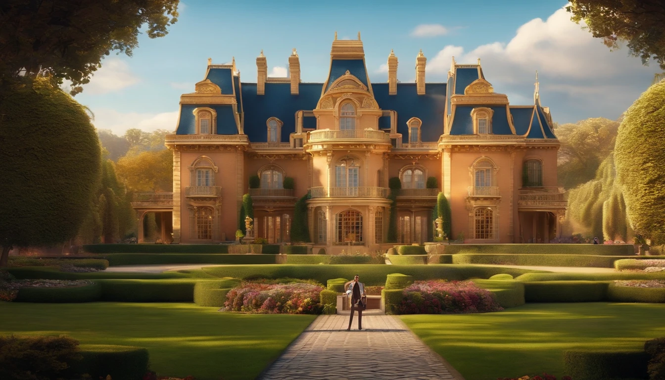 Pixar, a big huge mansion buildings almost like Disney made of gold in a very beautiful garden, a man stand beside, a very beautiful background,