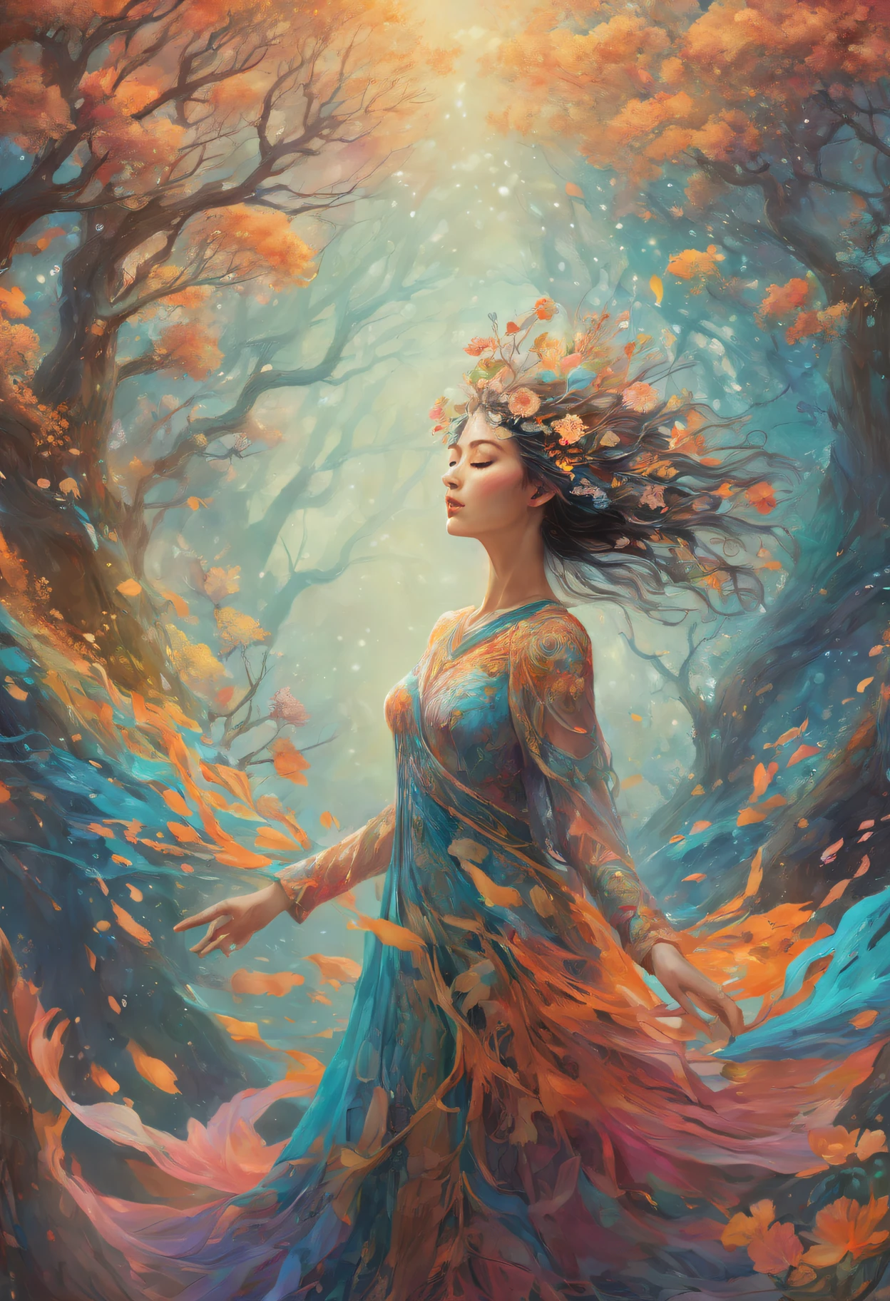 A high resolution, Psychedelic style tree woman, vivd colour, glowing light eyes, flowing branches, Ethereal atmosphere, surreal scenery, Complicated details, Leaves and flowers dance in the wind, magical aura, wisps of light and color around the tree man, dreamlike landscapes, Mysterious and fascinating existence, otherworldly beauty, A calm and peaceful expression, art inspired by nature, Surrealist elements, mythological and fantasy imagery.