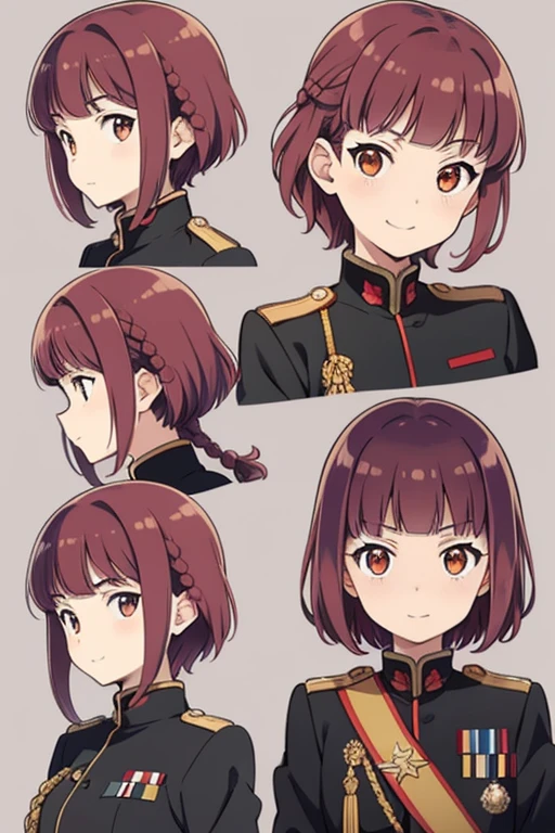 Multiple poses and expressions, model sheet, faces, expressions ,organized, fluffy hair,Red hair,((Braided shorthair)),Slightly red tide,((Gold eyes)),(Black military uniform), Staring at me, Smile with a kind face, A face that looks like it's turned away,