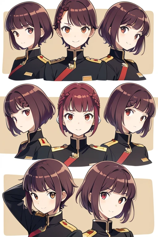 Multiple poses and expressions, model sheet, faces, expressions ,organized, fluffy hair,Red hair,((Braided shorthair)),Slightly red tide,((Gold eyes)),(Black military uniform), Staring at me, Smile with a kind face, A face that looks like it's turned away,