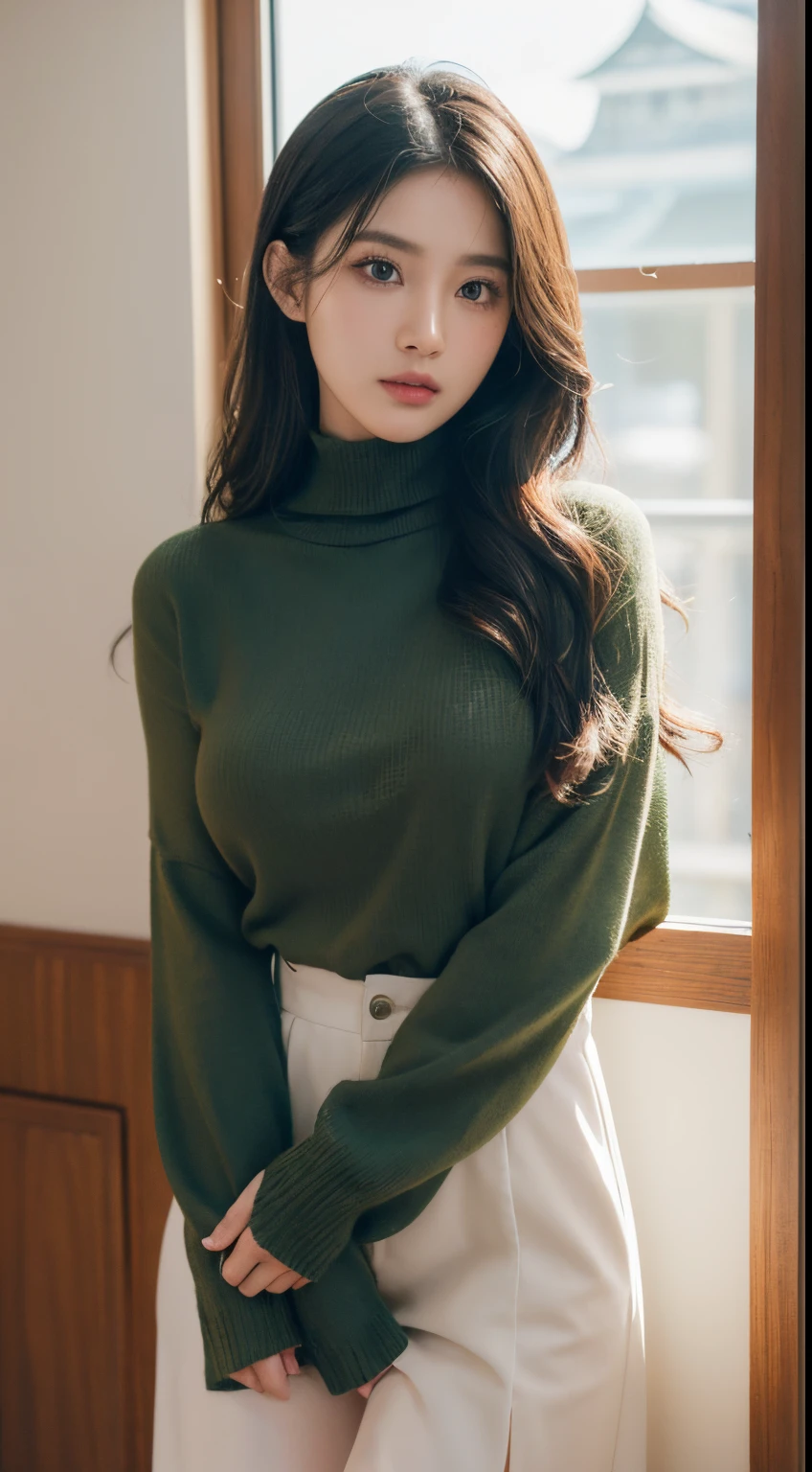 model shooting, cinematic Film still from, 28 years old asian girl standing, The upper part of the body, (黑The eye:1.3), mid wavy hair, (green turtleneck sweater, jaqueta de couro), Soft natural light, in the darkness nigth, ((tmasterpiece)),(Best quality at best),(A high resolution),Highly detailed RAW color photos,The is very detailed,Photorealistic,actual,Extremely ridiculous,The is very detailed,Focus sharp,, (professionalstudiolighting),(professional color graded),rim-light,dramatic lights,电影灯光,lumen reflection,Soft natural light,pastel colour,フォトンマッピング,ラジオシティ,, (pretty eyes),(詳細な目),(详细的脸),Symmetrical eyes,sharp vision,Cool face,