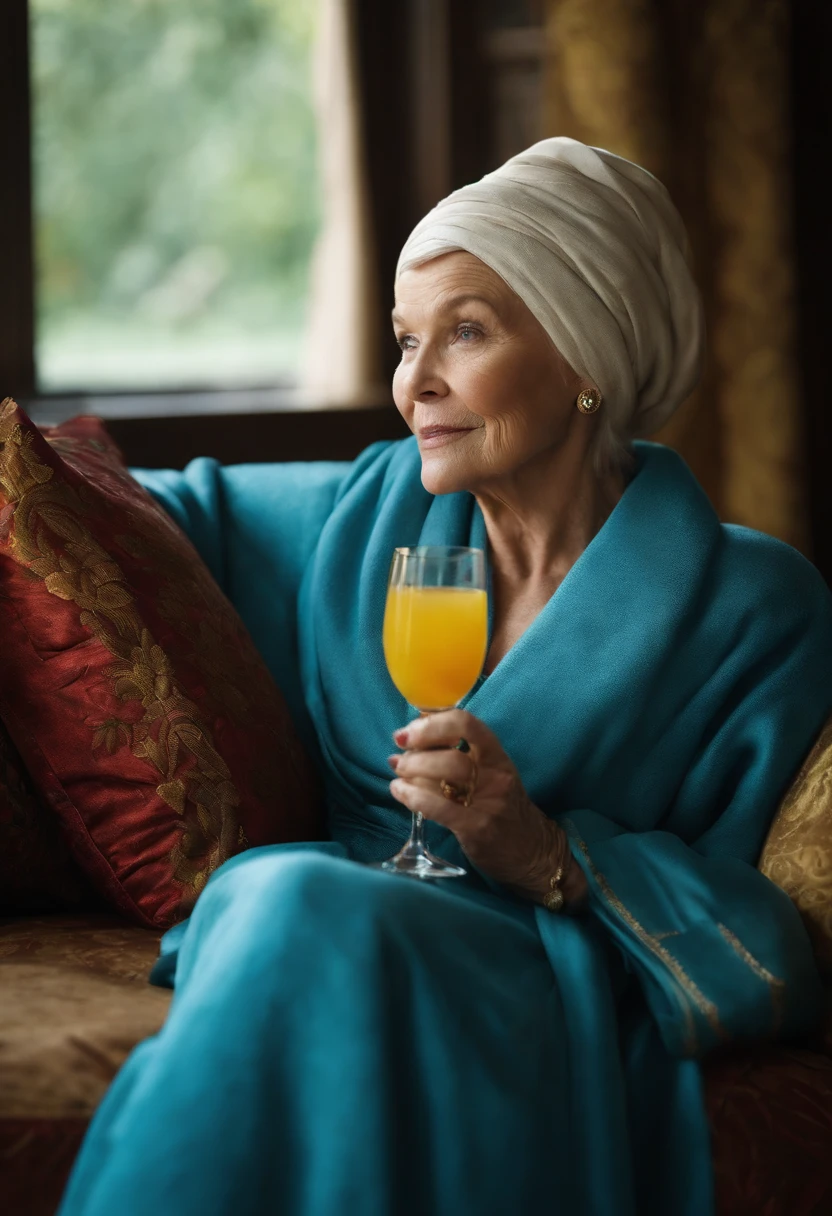 A photo of Olenna lounging in a luxurious bathrobe, holding a mimosa and giving an unimpressed look to the camera,Game of Thrones TV series,Olenna is an old woman who wears head coverings, has grey hair, blue eyes, famously portrayed by Diana Rigg, female