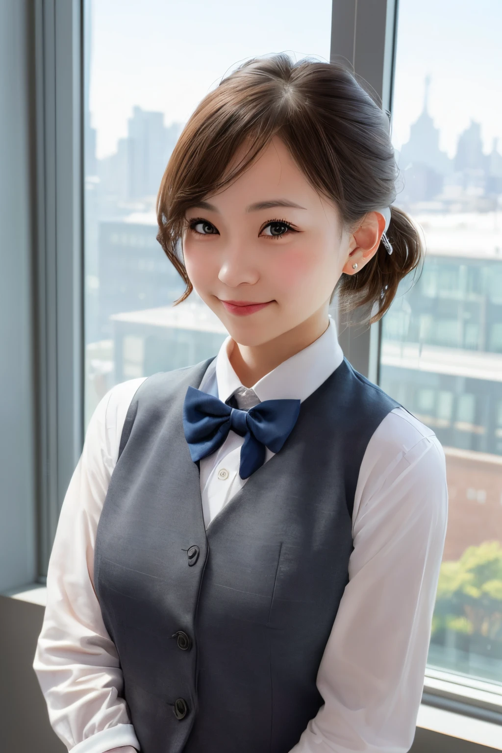 1girl, matured female, vest, bow, photo, realistic, best quality, hires, detailed face, office, buildings from window, detailed background, diffused sunlight, depth of field, bokeh