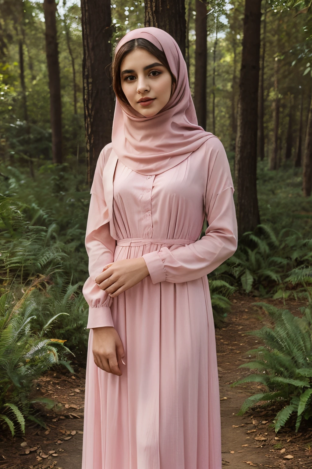 ((best quality)), ((masterpiece)), (detailed), perfect eye, pink burqa women, pink long dress, in forest