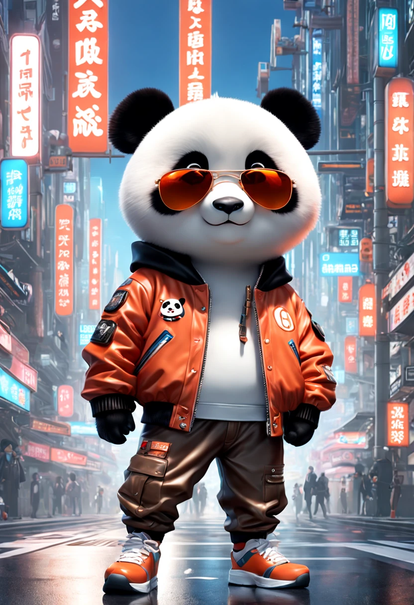 A person wearing sunglasses、Panda wearing baseball jacket, Cyberpunk dystopian style, Charming characters, Huang Shilin, Full of energy and action, Randomly dispersed, white and orange, Flick, Surrealistic atmosphere style, Michael Cormack, Urban intervention, Code-based authoring, intense close-ups, real time transmission, Featured animals, Charming characters, kawaii chic style, 32k ULTRAHD, air brush art, Detailed miniature model, Dark, miki asai&#39;styled, 32k ULTRAHD, Dark beige and red, Kawaii art style, Photorealistic rendering, 32k ULTRAHD, Detailed pubic hair, Charming illustration, Player core，(Best quality,4K,8K,A high resolution,tmasterpiece:1.2),ultra - detailed,(actual,realistically,realistically:1.37),