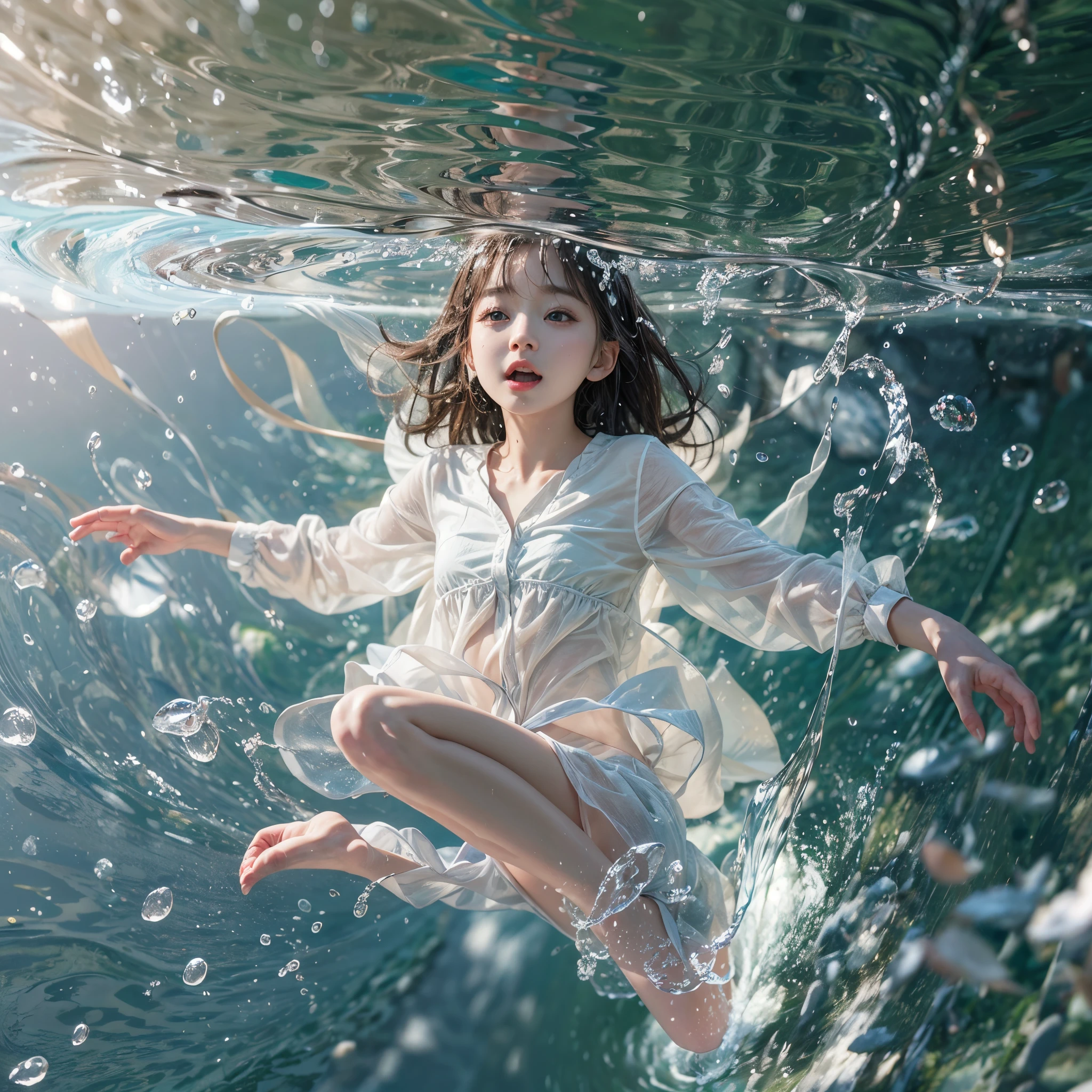 (8K, Original photography, Top image quality, masterpiece: 1.4), hyper HD, (Realistic, 真实感: 1.48), realisticlying, A high resolution, softlighting. Tiny Girls, girl jumping into the water、Falling、splash water、shout、Luminous water surface、White and Vivid colors, back lighting, glistening ivory skin, sparkling highlights, Detailed KAWAII face with cute lips, long eyelashes, Delicate clothes, Detailed open crotch