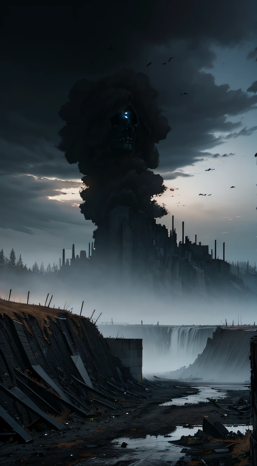 Masterpiece, Dark art, Black Sky, The sky, covered with ash, giant abandoned quarry, tundra