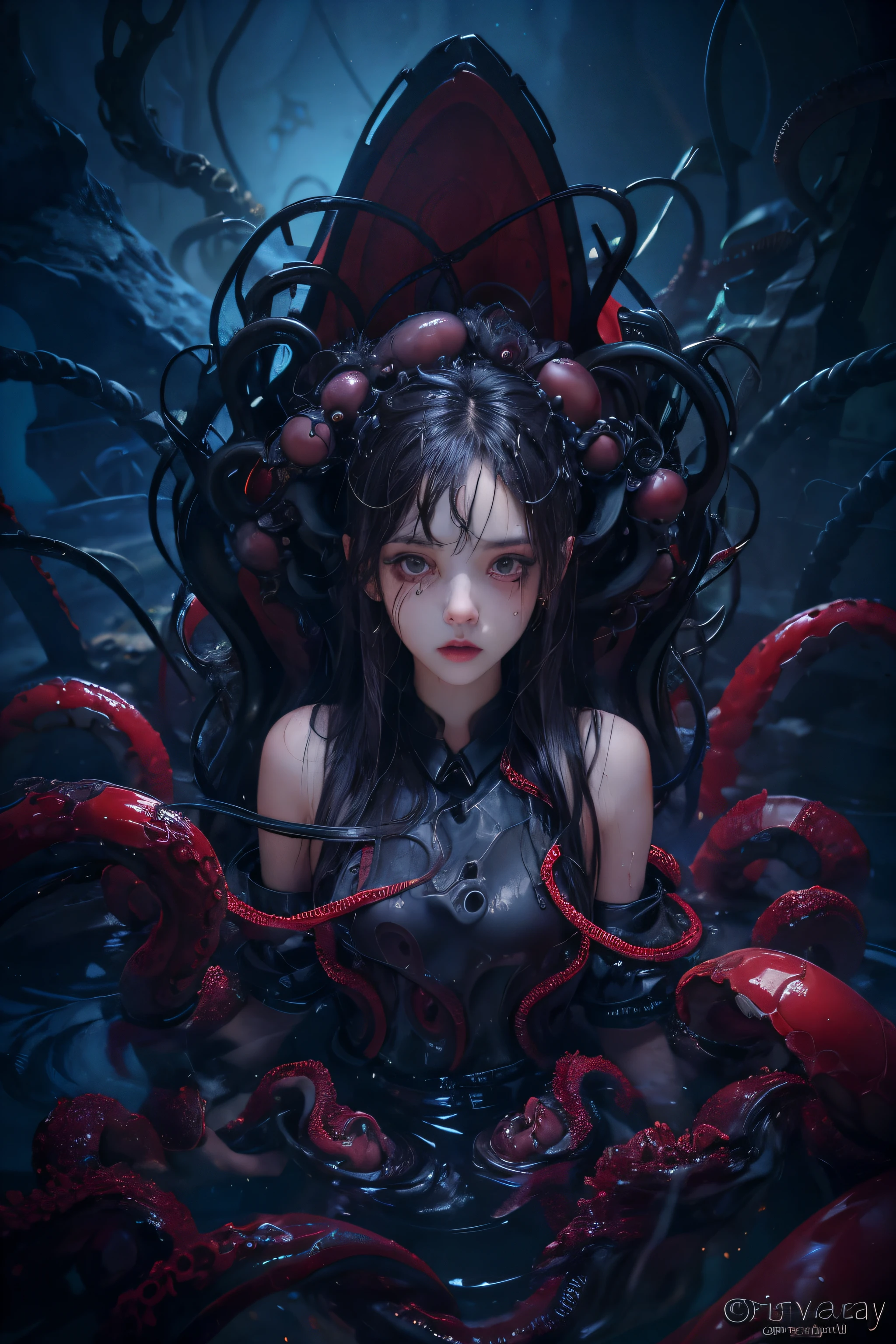 starrysky，black dark tentacles，twisted tentacles，Mucus-stained tentacles，There is a beautiful girl lying inside，The body is soaked，plain face，pure，coquettish，The face is red，