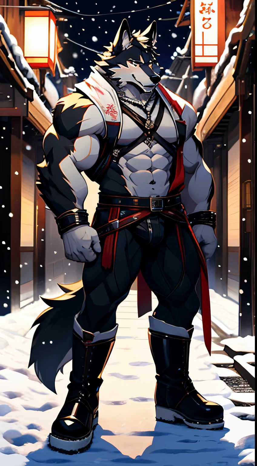 furry black wolf boy, muscle, japanese streets, snowing, night, white leather arms and hands , white leather legs and riding boots, leather white boxer, anime, 4K