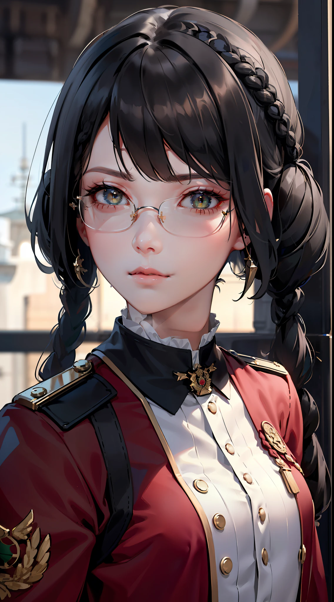 Beautifully detailed delicate face, detailed beautiful delicate eyes, perfect facial proportions, high-detailed skin, fine skin, best ratio four fingers to one thumb, masterpiece, detail High resolution, realistic, matching hair style and face shape, highest face resolution, adult, woman dressed modestly, completely dressed,( small, black hair, straight black braided hairstyle, Highest resolution 2 pigtails, straight bob bangs, red glasses, dark green eyes), armed forces, professor, ( academic uniform, scientist uniform, red shirt, white shirt), world future, science fiction, warship, standing on an aircraft carrier, government agency, deep intelligent personality, calm expression, respectful face, war, warplane