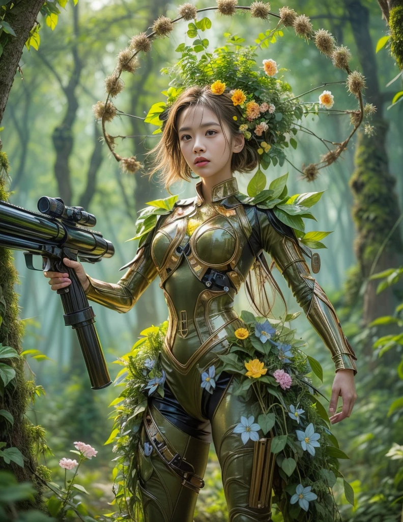 middle，(a girl made of fresh plants，Holding a futuristic sci-fi mechanical sniper gun aiming at the target，body covered with flowering plants，flower limbs，plant high heels，Plant hair，Plant clothes），blossoms，age-old tree，ln the forest，（globalillumination、Ray traching、HDR、Unrealistic rendering、Rational design、tmasterpiece、best qualtiy、hyper HD、cinmatic lighting，anatomy correct，Beautiful girl facial features，Anatomically correct and precise facial structure, detailed facial depiction, and delicate facial features）