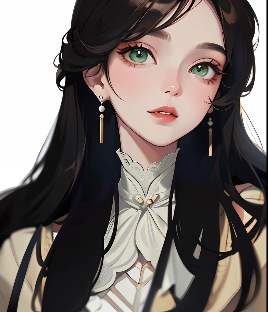 Woman with long hair,The shirt,ssmile,Exquisite,green-eyed,Round pearl earrings,largeeyes,Redlip,beige clothes,ultra - detailed,(tmasterpiece:1.2),Best quality,tmasterpiece,Best quality at best,highest quality,Original,Extremely detailed wallpapers,perfect litthing,(extremaly detailed cg:1.2),Draw one