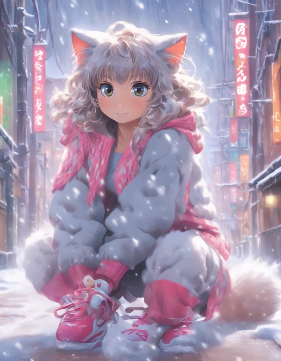 Cats，中景 the scene is，super-fine，Genki Girl，Full body like，adolable，sitting cross-legged on the street，ssmile，Long grey hair，Long pink sweater，denim pant，Athletic Sneakers，Heavy snowfall in winter，Hair is meticulously painted，The eyes are meticulously painted， Highly detailed surreal VFX，OC rendering，