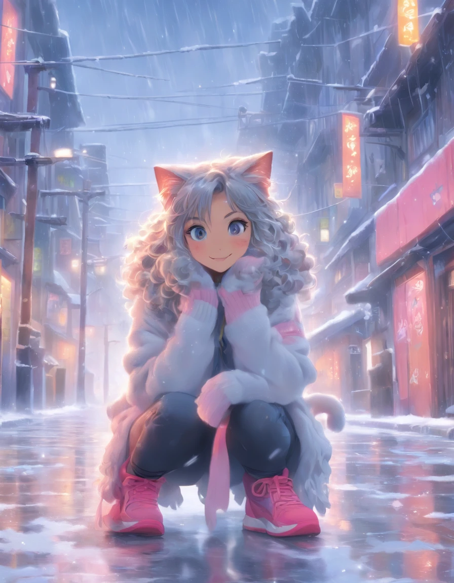 Cats，中景 the scene is，super-fine，Genki Girl，Full body like，adolable，sitting cross-legged on the street，ssmile，Long grey hair，Long pink sweater，denim pant，Athletic Sneakers，Heavy snowfall in winter，Hair is meticulously painted，The eyes are meticulously painted， Highly detailed surreal VFX，OC rendering，