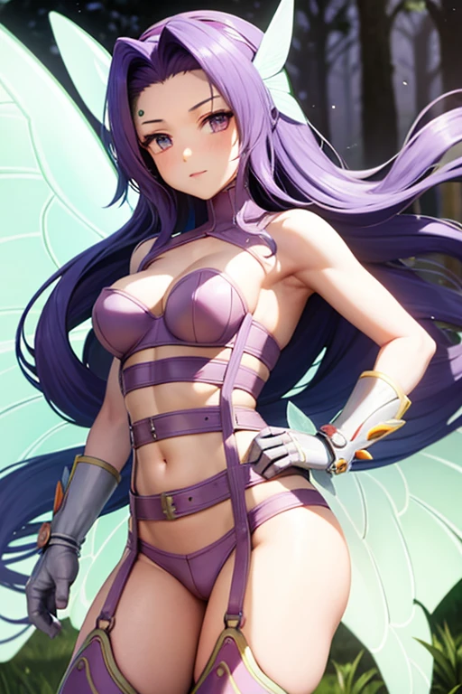 purple hair, long hair, hair ornament, belt, butterfly wings gauntlets, cleavage, garter straps, gauntlets,  navel, shoulder pads, thighhighs,