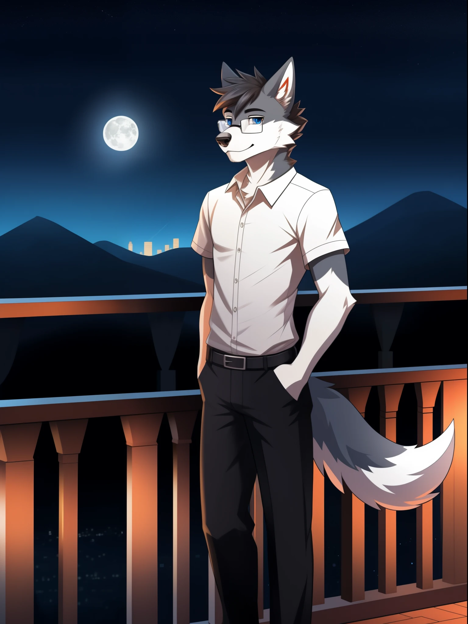 Professional technology, solo, wolf, boy, age 20, tall, dark gray fur, short hair, (white ear roots:1.1), (red ear tips:1.1), deep blue eyes, furry wolf tail, white tail tips, white arms, white legs, white shirt with short sleeves, black trousers, standing, night, dark sky, on a large balcony, distant mountains, modern city, streetlights, dark sky, full moon, close up, full body, the left side, glasses, doodle