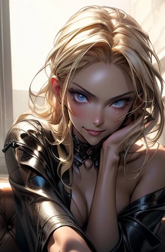 (best quality:1.6), (masterpiece:1.2), (realistic:1.4), (((perfect face))), (((beautifully detailed face))), (((ultra detail face))), (((Beautiful detailed eyes))), (((ultra detail eyes))), (((full body image))), (((beautiful face))), (((perfect eyes))), (((full body shot))), Detailed drawing, perfect anatomy, (High Resolution), (high detailed skin), ((top-quality)), ((High Definition)), high quality shadow, mostly cloudy sky, detailed background, ((Unbeatable masterpiece)), Maximum clarity and sharpness, Multi-layer Textures, Post-Processing, Anisotropic Filtering, octane render, two-tone lighting, professional photography, Realistic portrait, White balance, Long Exposure, Low ISO, 8K RAW, perfect hands, detailed fingers, Ray Tracing, Depth of Field, (((Photorealistic))), anatomically correct, (((Best Quality))), (((Super Detail))), (((UHD))), (front open shirt:1.2), (unbuttoned to the belly:1.4), (no bra:1.8), (oversized white shirt:1.3), (open chest clothing), (open front), (open shirt), (white shirt with wide open chest:1.4), (open chest wide), (front open-breasted), (exposed breasts:1.2), (beauty breast), (gothic eye makeup with so many eyelashes and jet black eyeshadow), (showing slender figure with thin waist and beautiful stunning toned abs:1.4), (navel exposed), (mahogany colored tanned brown skin:1.4), (charming sharp gaze with dark eye makeup with mascara, eyeliner, eye shadow, and long eyelashes), (Evil grin), half-closed eyes, seductive glance, (sadistic smirk:1.4), (teeth fangs:1.3), (open her mouth:1.3), (Dark black eyeshadow with a gorgeous gothic feel), luxurious black leather long sofa in the bedroom, (((bare forehead))), (((bare foot))), (((bare legs))), (knees up:1.1), sitting with her legs open, both arms raised above the head, (light blonde hair:1.2), (asymmetrical hair:1.4), (not wearing bra:1.2), (bare breasts:1.2)