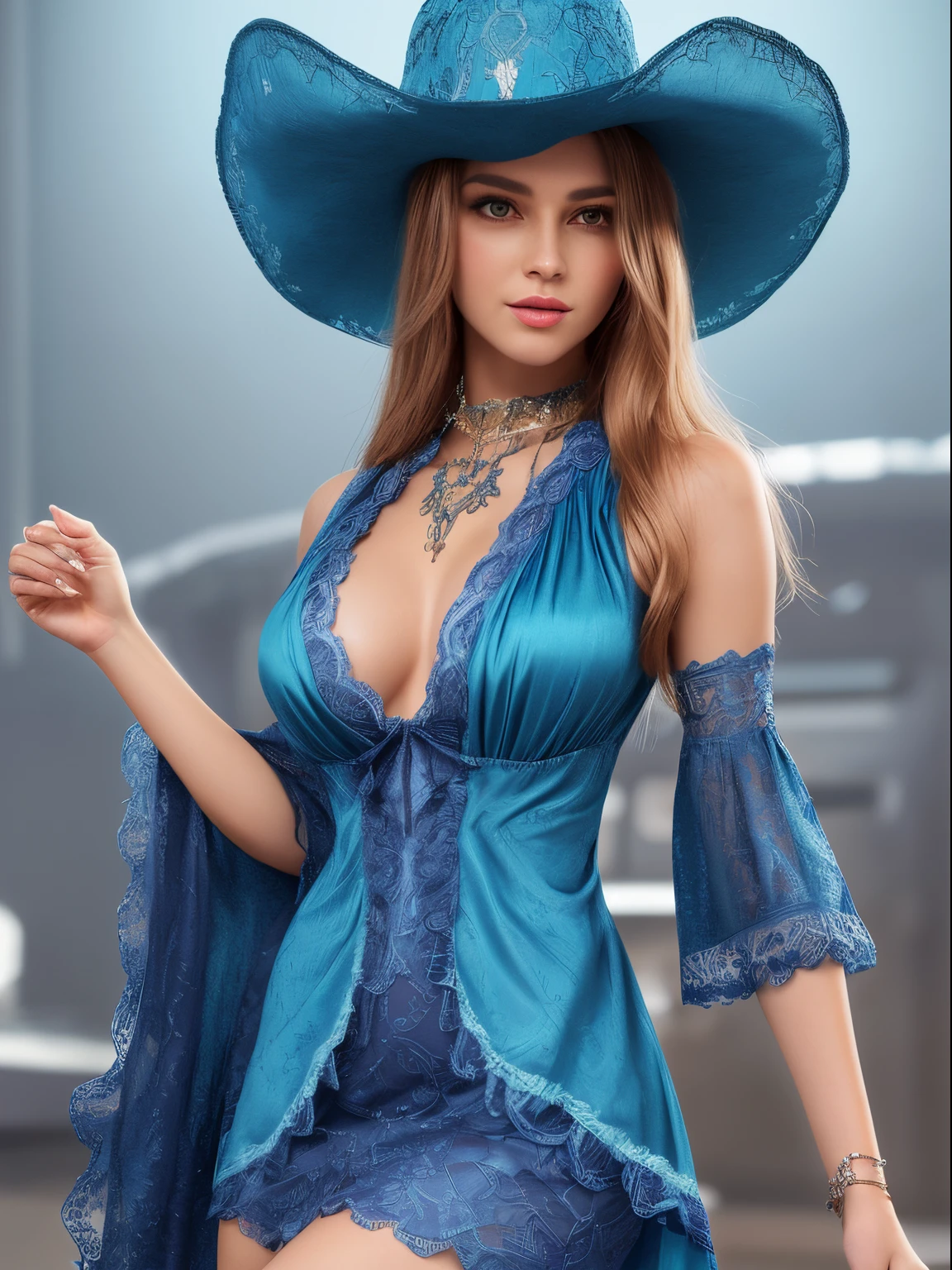 a 30 year old woman with fancy cowboy hat, wearing blue in color fancy lace dress, cute pose, bell shaped body figure with medium breast, detailed face, detailed body, detailed outfit (reality: 1.4), (A hyper-realistic), (high resolution), (8K), (highly detailed), ( Best Illustration), (detailed eyes), (ultra-detailliert), Bright lighting, Professional Lighting.