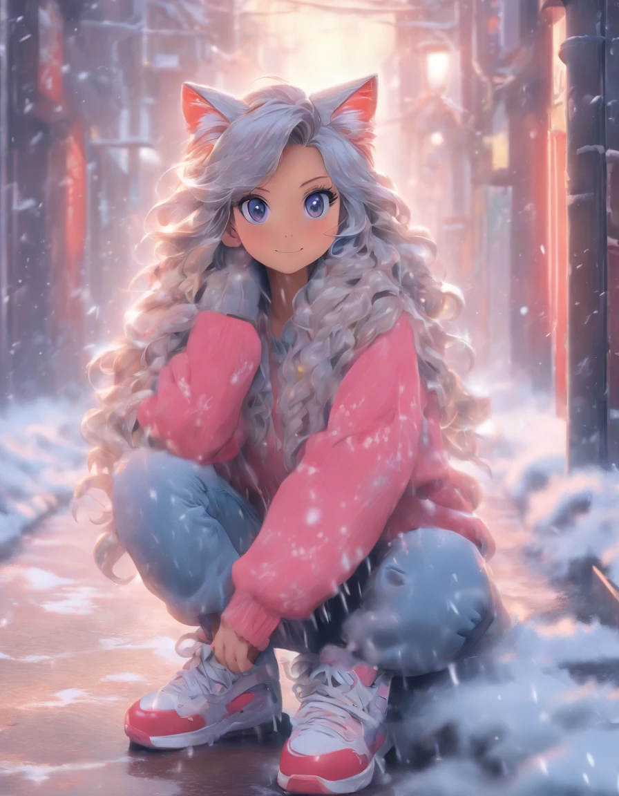 1 Cats,中景 the scene is,super-fine,Genki Girl,Full body like,adolable,sitting cross-legged on the street,ssmile,Long grey hair,Long pink sweater,denim pant,Athletic Sneakers,Heavy snowfall in winter,Hair is meticulously painted,The eyes are meticulously painted, Highly detailed surreal VFX,OC rendering,