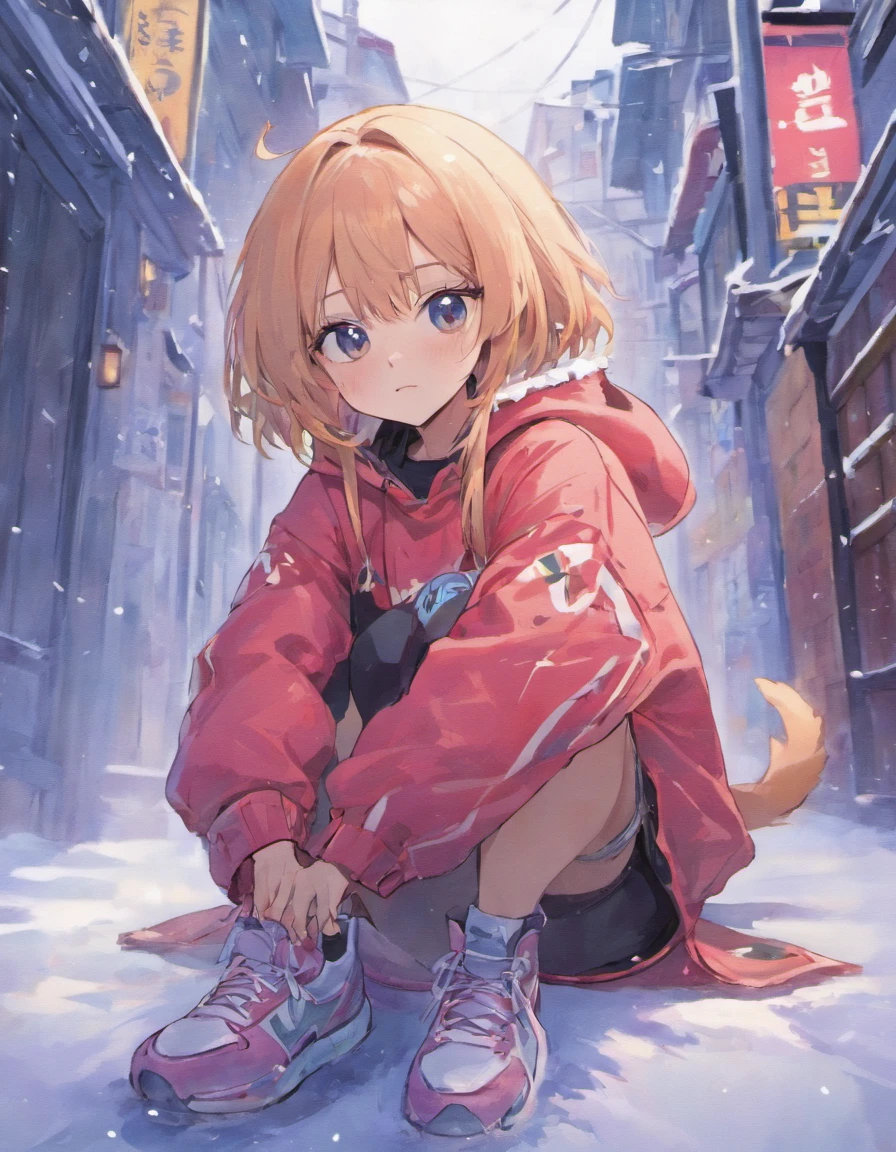 1 Cats,中景 the scene is,super-fine,Genki Girl,Full body like,adolable,sitting cross-legged on the street,ssmile,Long grey hair,Long pink sweater,denim pant,Athletic Sneakers,Heavy snowfall in winter,Hair is meticulously painted,The eyes are meticulously painted, Highly detailed surreal VFX,OC rendering,