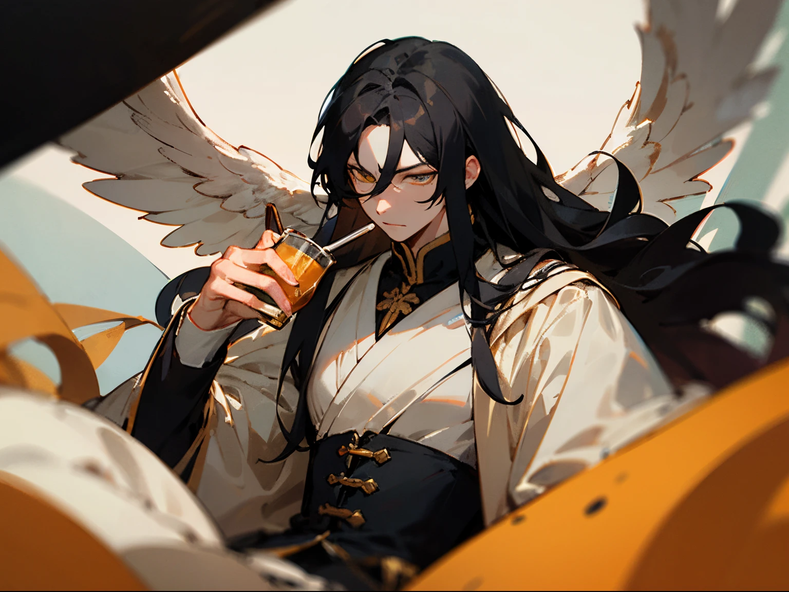 1man, neutral, soft expression, Fallen angel, thick black hair, long hair, strict, amber eyes, pale skin, dark colors, royal clothes, 20yo, masculine face, sharp focus, mature, solo, masculine,drinking tea