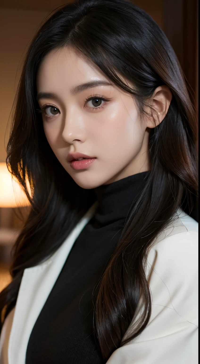 model shooting, cinematic Film still from, 28 years old asian girl standing, The upper part of the body, (黑The eye:1.3), mid wavy hair, (green turtleneck sweater, jaqueta de couro), Soft natural light, in the darkness nigth, ((tmasterpiece)),(Best quality at best),(A high resolution),Highly detailed RAW color photos,The is very detailed,Photorealistic,actual,Extremely ridiculous,The is very detailed,Focus sharp,, (professionalstudiolighting),(professional color graded),rim-light,dramatic lights,电影灯光,lumen reflection,Soft natural light,pastel colour,フォトンマッピング,ラジオシティ,, (pretty eyes),(詳細な目),(详细的脸),Symmetrical eyes,sharp vision,Cool face,