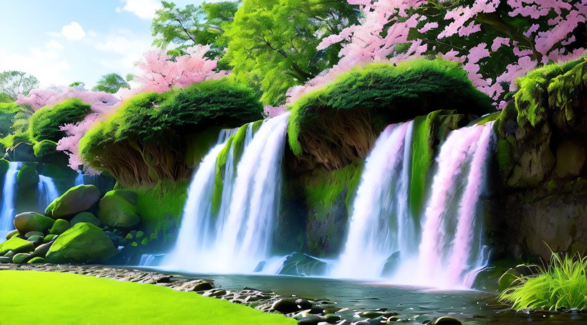 waterfall with pink flowers and green grass in a park, peaceful beautiful waterfall, flowers and waterfalls, pink waterfalls, beautiful waterfall, waterfall(beautiful, beautiful stunning waterfall, stunning waterfall, waterfalls, beautiful wallpaper, beautiful nature, amazing wallpaper, waterfall, cascading waterfalls, beatiful backgrounds, waterfall cascades, very beautiful photo, waterfall background, nature wallpaper, amazing background