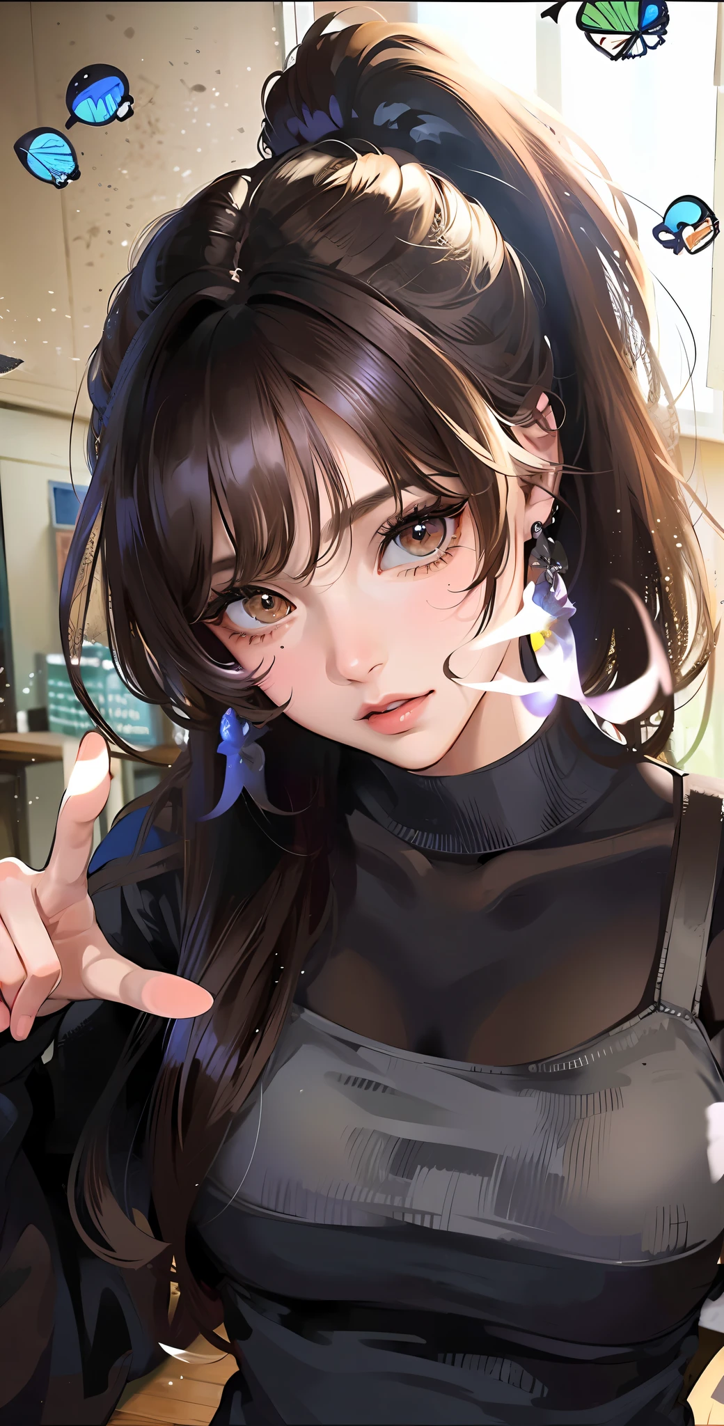 (masterpiece:1.2, best quality), (finely detailed beautiful eyes: 1.2), ((1girl)), mature, ((solo)), (brown eyes:1.4), (finely detailed eyes and detailed face:1.3), (long brown hair, ponytail), (beautiful and clear background:1.2), (extremely detailed CG, ultra-detailed, best shadow:1.1), ((depth of field)), ((watercolor)), beautiful concept illustration, (black background:0.5), (illustration:1.1), (extremely fine and beautiful:1.1), (perfect details:1.1), from side, cowboy shot, classroom scene, stare