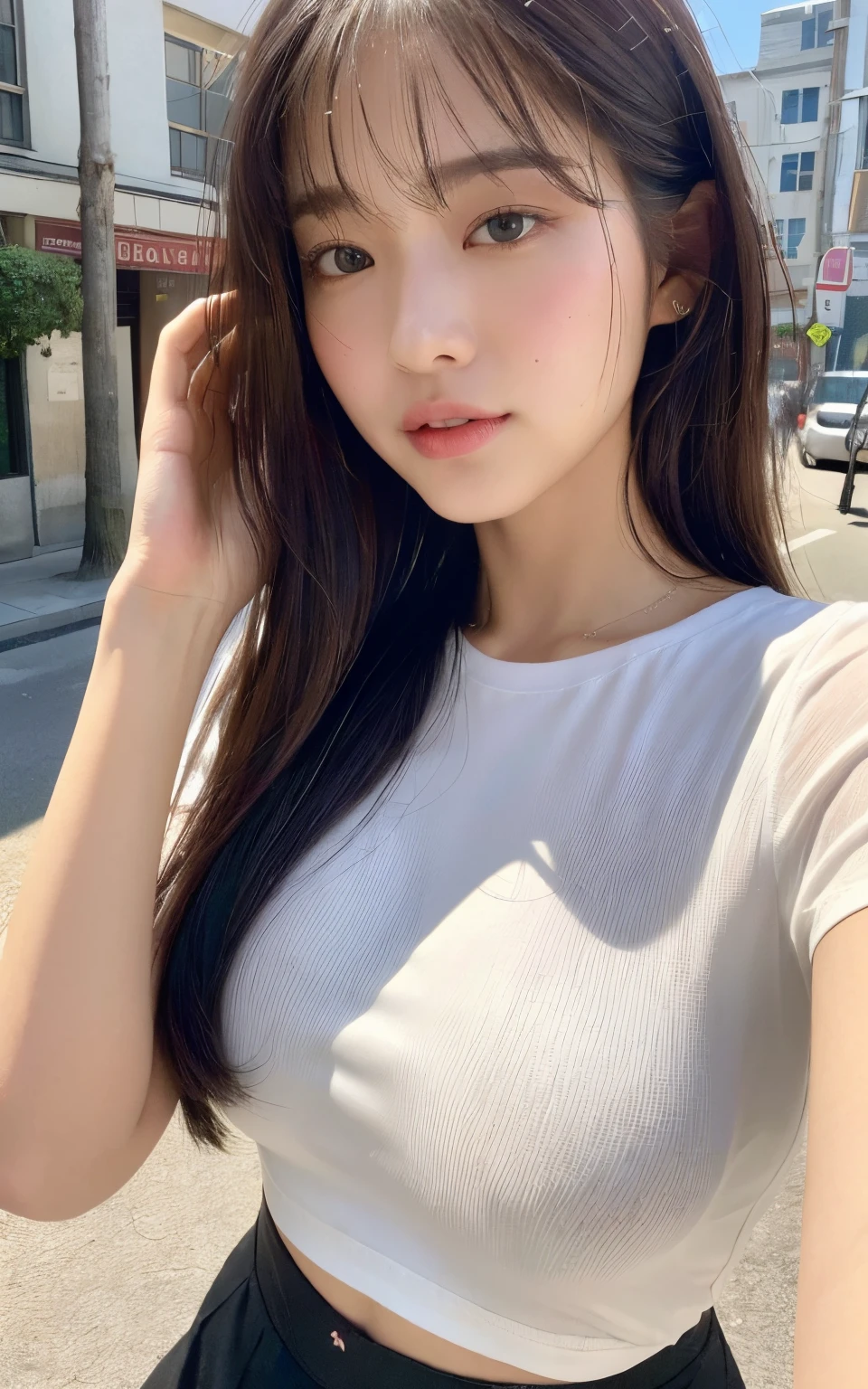 ((top-quality、8K、masuter piece:1.3))、1人、Czech、bule、Beautiful woman with slender abs:1.3、(Highlight Haircuts、Breast A Cup:1.2)、Black see-through:1.1、hyperdetailed face、A detailed eye、二重まぶた、Full Body Smile、Brown hair、((top-quality、8K、masterpiece:1.3))、Focus:1.2、perfectbodybeauty:1.4、s ass:1.2、((Layered Haircut、breastsout:1.2))、(wet wear:1.1)、(Sunnyday、Street:1.3)、Highly detailed facial and skin texture、finely eye、二重まぶた、Whitened skin、length hair、(silently:1.3)、White T-shirt JINS bangss See-through bang grated bangs