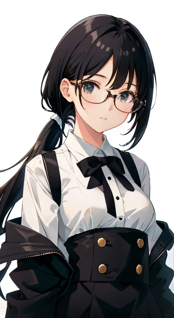 Black jacket outside and white shirt inside,Cute image of brunette girl wearing black coat, with a round face,longponytail,ssmile,The black ponytail extends to the back of the shoulders,Squinted eyes,Wearing black-framed glasses,Black-eyed,with a round face,cute round face girl, Cute anime main visual, Key anime art, anime change, high school senior, cute anime pose, Cute anime girl with black eyes, Primary animation visuals