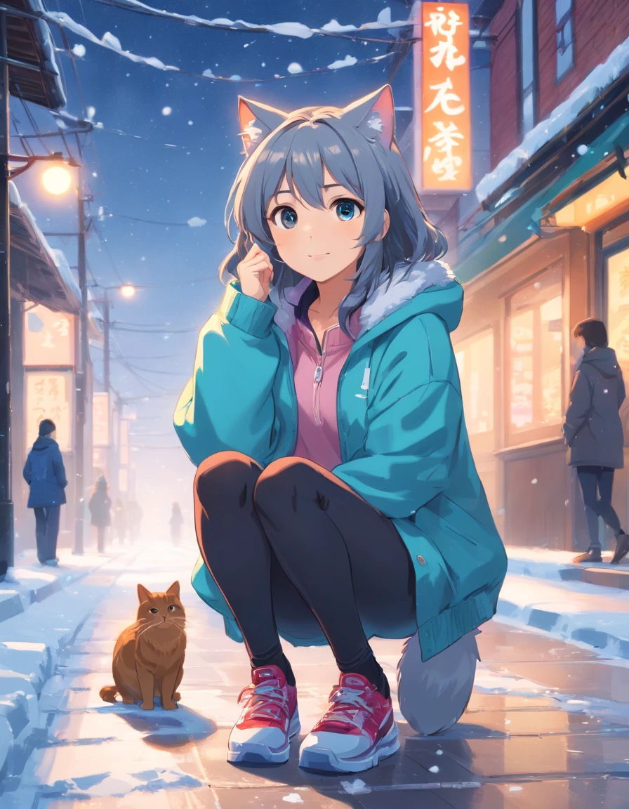 1 Cat,中景 the scene is,super-fine,Genki Girl,Full body like,adolable,sitting cross-legged on the street,ssmile,Long grey hair,Long pink sweater,denim pant,Athletic Sneakers,Heavy snowfall in winter,Hair is meticulously painted,The eyes are meticulously painted, Highly detailed surreal VFX,OC rendering,