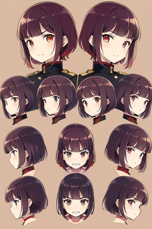 Multiple poses and expressions, model sheet, faces, expressions ,organized, fluffy hair,Red hair,((Braided shorthair)),Slightly red tide,((Gold eyes)),(Black military uniform), Staring at me, Smile with a kind face, A face that looks like it's turned away, Crying face, Angry face