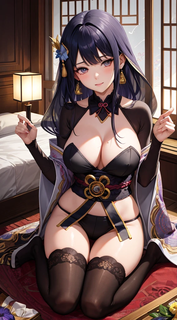 Character Details: - Gender: 1 Girl. - Body Type: Attractive slim body,  body, nice  leg,  tights,  arms,  shoulders, nice curve. - : Medium Size, Nice Cleavage - Facial Features: Beautiful, Gorgeous, Teenager, Fresh, Young. - Expression: Smile, Pink Blush on Face,  Eyes,  Look, Innocent look. - Hairstyle: Blunt Bangs, Short Hair. - Hair Color: Black Hair - Clothing: Tight Short Kimono - Body Pose: Seiza Pose, comfortable and relaxed. - Hand Pose: Hand on Chin - Behaviour: Waiting, Want Something, Secretly. - Accessories: Flowers hair piece, Earrings, Silk cloth. Environmental Details: - Setting: Indoor, Oriental-style Bedroom - Lighting: Night, Moonlight, Natural Light, Light particles, Light rays - Background Elements: Silk bed, Silk veil, Silk mattress, Soft bed, Silk ornament, Oriental candles, Feathers, Oriental room, Japanese wood wall, Oriental window - Mood/Atmosphere: Steamy, Comfort Artistic Style and Quality: - Masterpiece, top quality, best quality, official art, beautiful, and aesthetic:1.2 - Fractal art:1.1, Colorful:1.1, Highest detailed:1.2, Zentangle:1.2 - Crisp details, Sharp lines, Rich textures, Fine craftsmanship:1.3 - High resolution, Meticulous rendering:1.2  - Incorporate oriental patterns and designs - Ensure the character's features complement the oriental theme - Pay attention to the interplay of moonlight and shadows  Additional Notes: - Focus on creating a  and inviting atmosphere with an japanese touch.