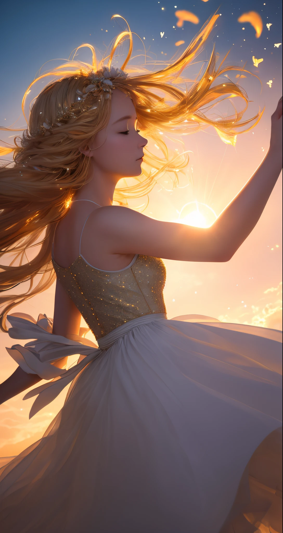 "An absolute masterpiece captured in movie quality stills, featuring the breathtaking Cloud Girl floating in the sky. Zooming in for a close-up, the image is illuminated by a warm, soft light, bringing out the brightness and happiness of the moment. The golden sunset adds a layer of romance and melancholy to the image, while the sparks dancing in the background further accentuate the dreamlike quality."