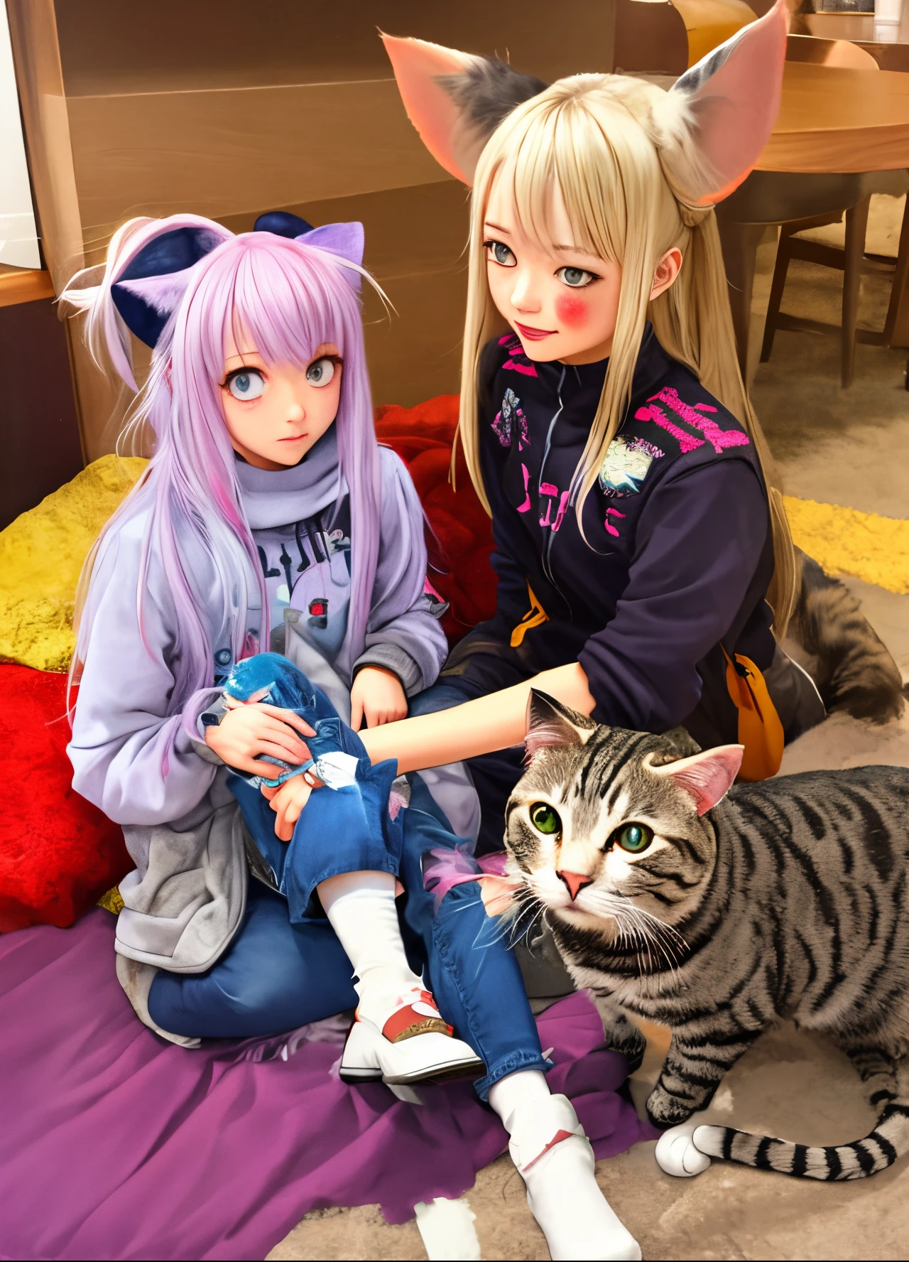 Anime characters sitting on a bed with a cat and a cat - SeaArt AI